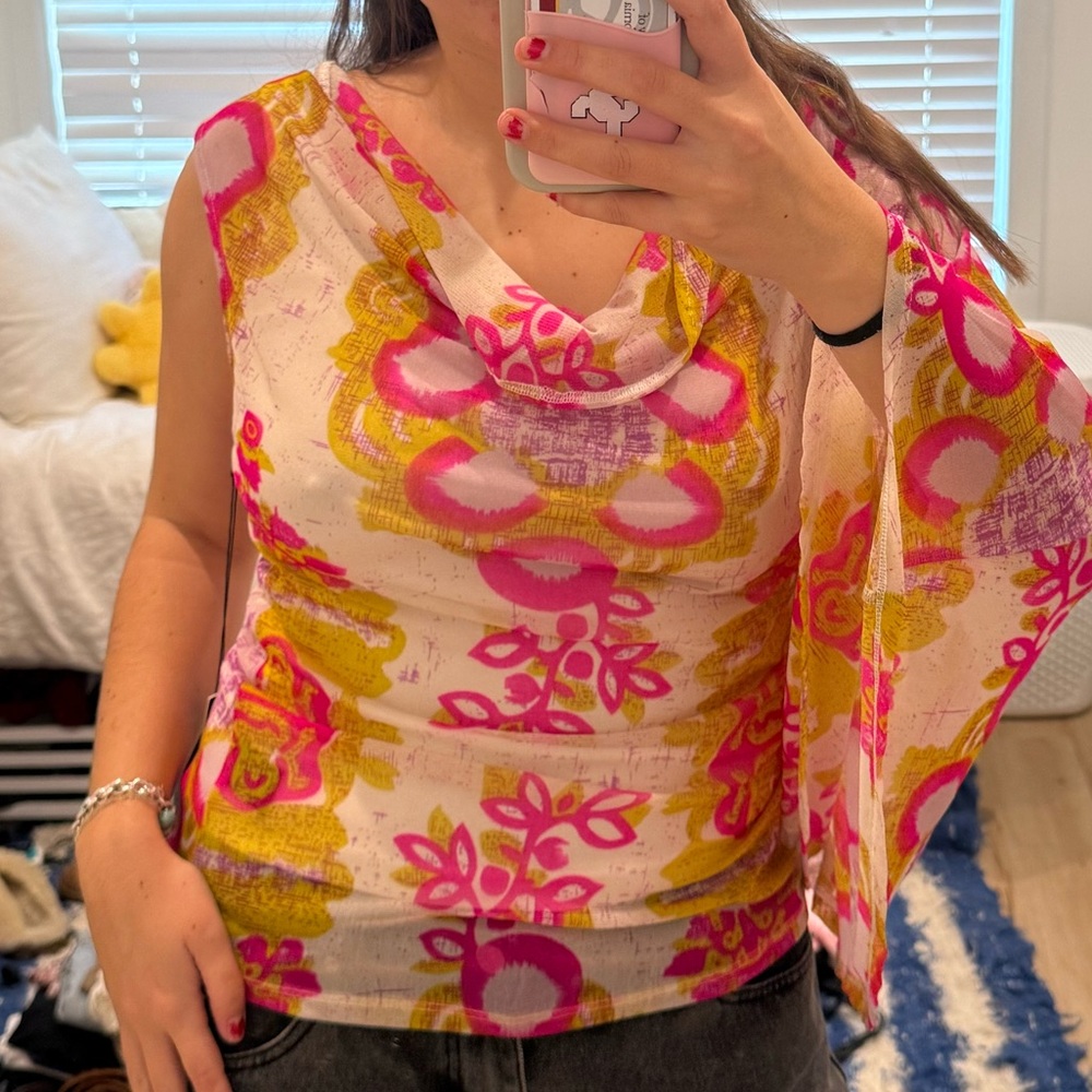 Vintage Pink and Yellow Floral Blouse